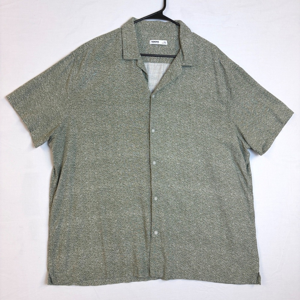 Mens‎ XXL Green Linen Blend Short Sleeve Leaf Print Camp Shirt Button Up Sonoma